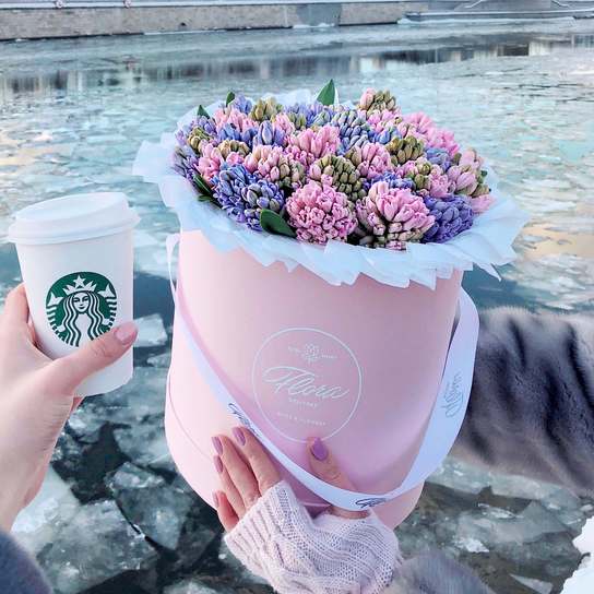 Разноцветные гиацинты в шляпной коробке Grand PINK